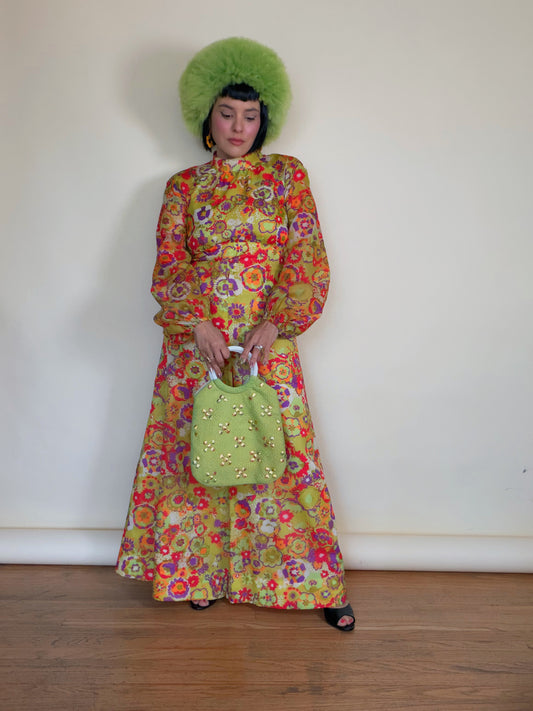 Vintage 60s Abstract Floral Chiffon Jumpsuit Fits Sizes XS-M