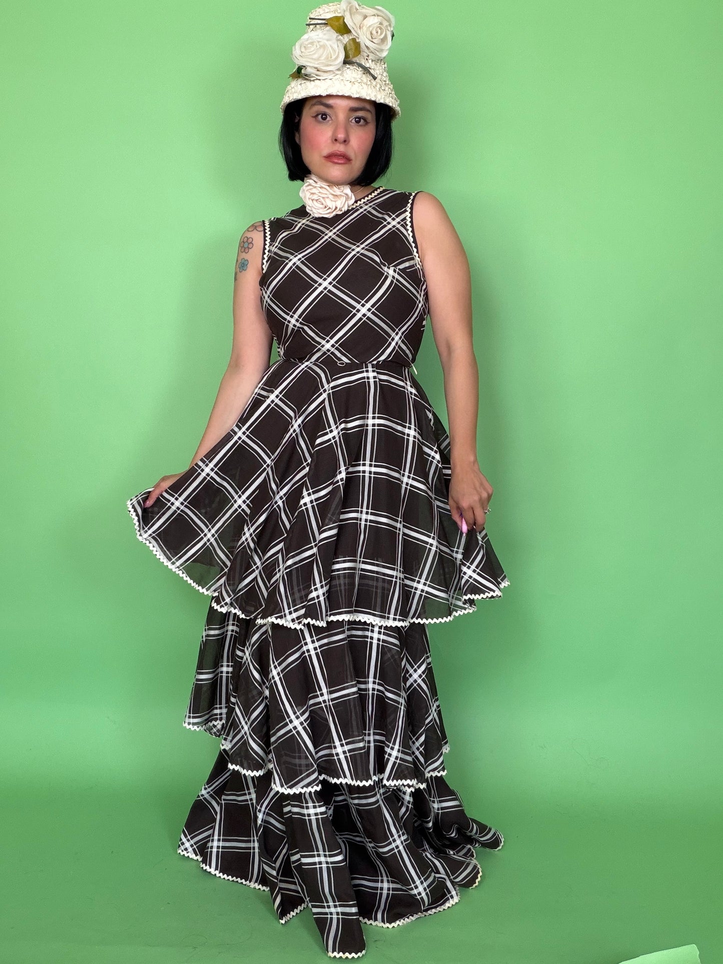 Vintage 60s Melissa Lane Chocolate & White Tiered Maxi Dress Fits XS-SM