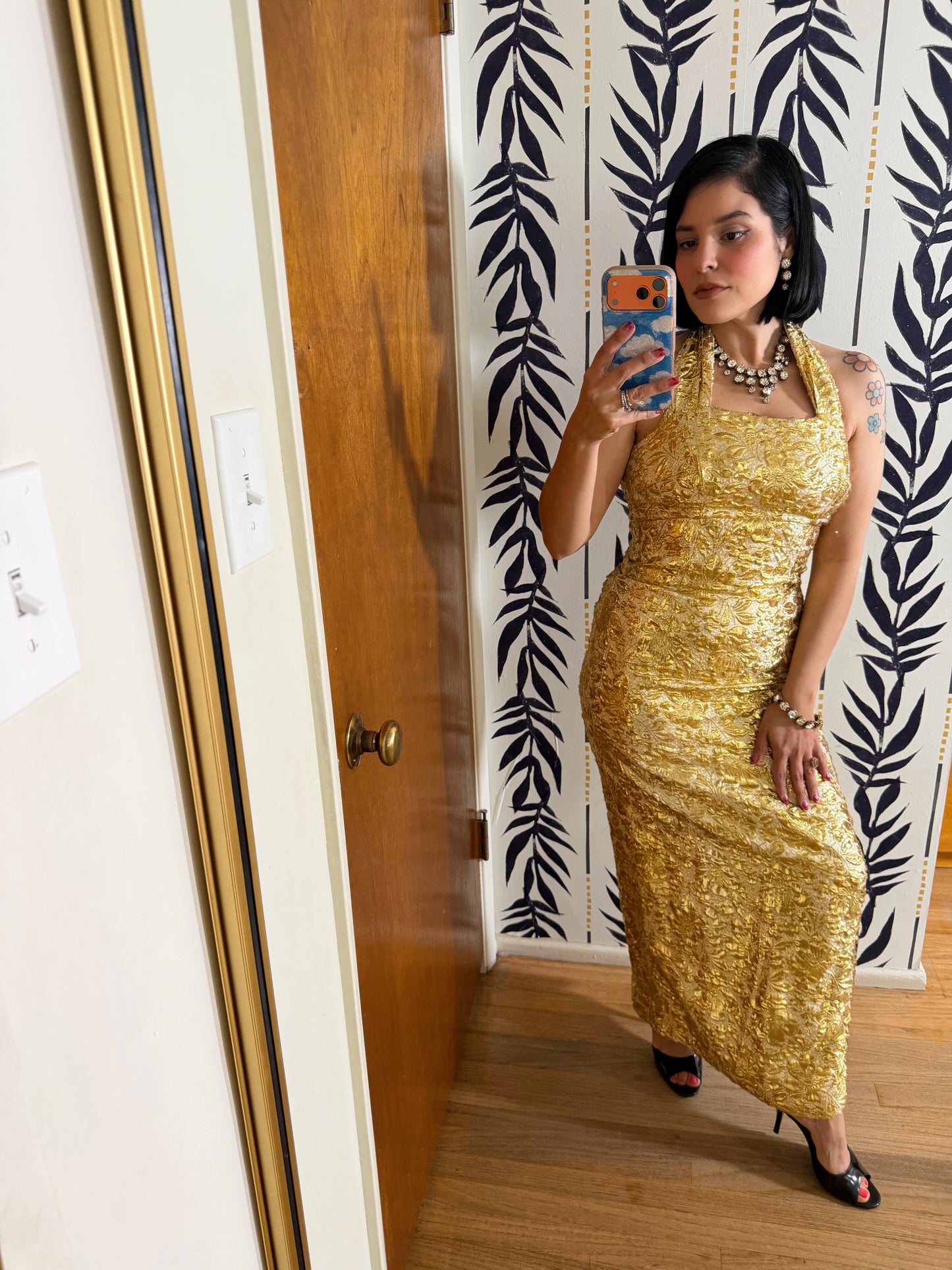 50s Vintage Gold Brocade Bombshell Halter Gown XS-SM