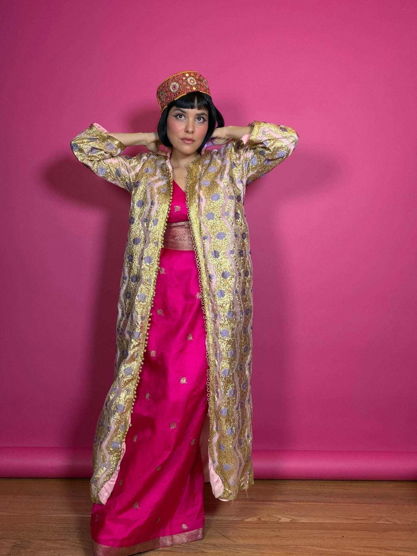 Vintage 60s Gold & Purple Floral Lame Kaftan Fits XS-M