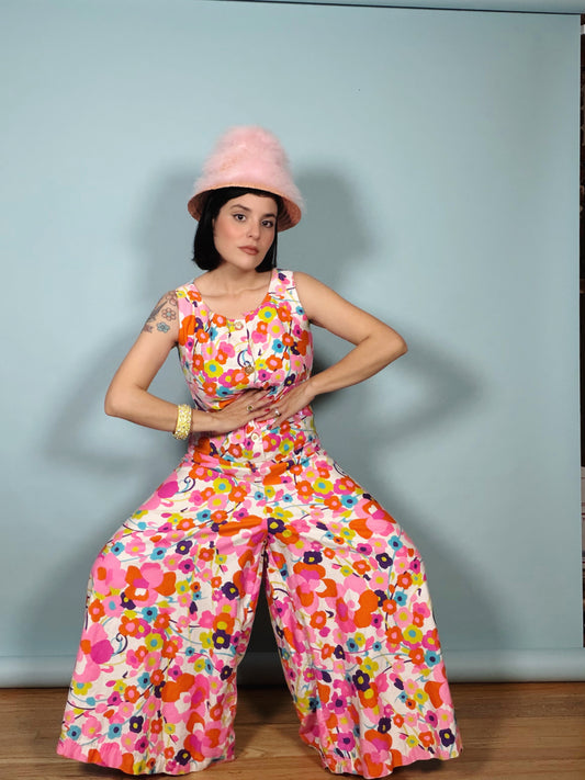 60s Carol Brent Floral Ultra Wide Leg Jumpsuit Fits XS-SM