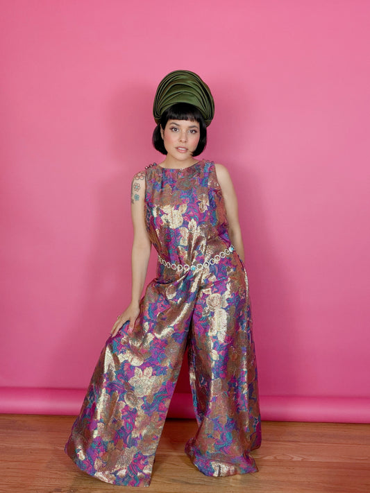 Vintage 60s Floral Gold Lame Hostess Jumpsuit Fits XS-SM & possible size M