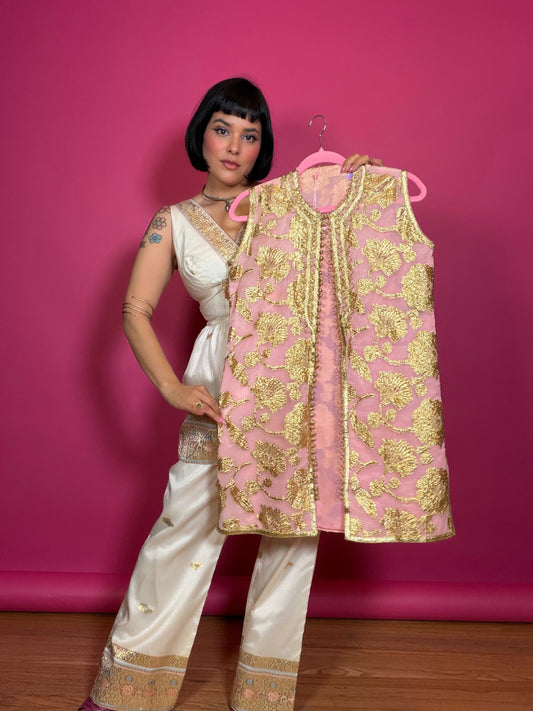 Vintage 60s Pink & Gold Tunic Vest Fits XS-M