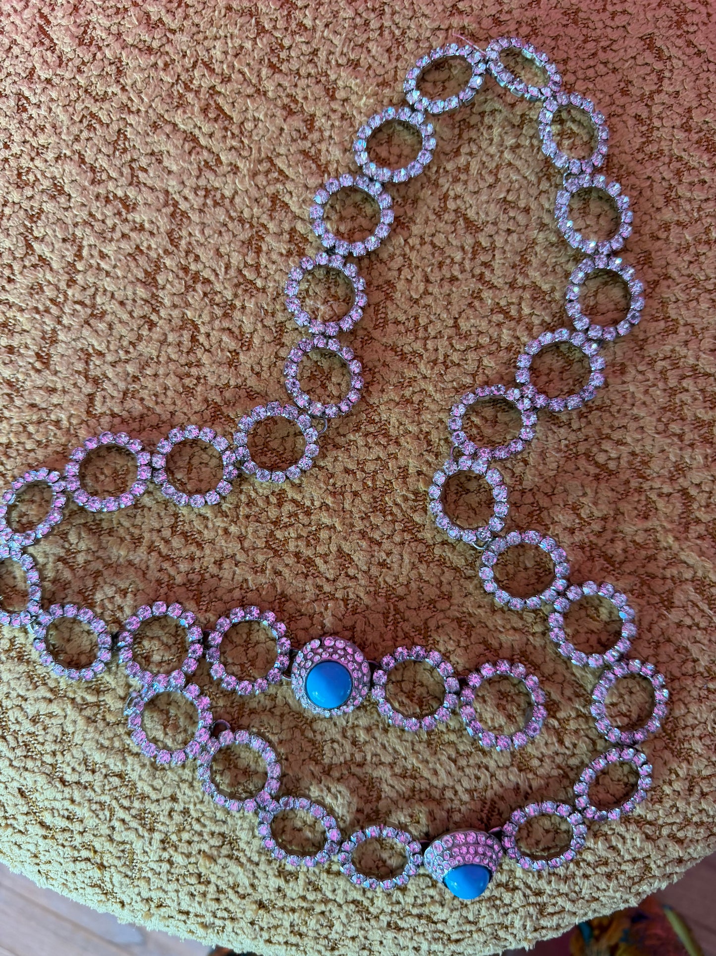 Vintage 60s Turquoise & Rhinestone Chain Belt/Necklace