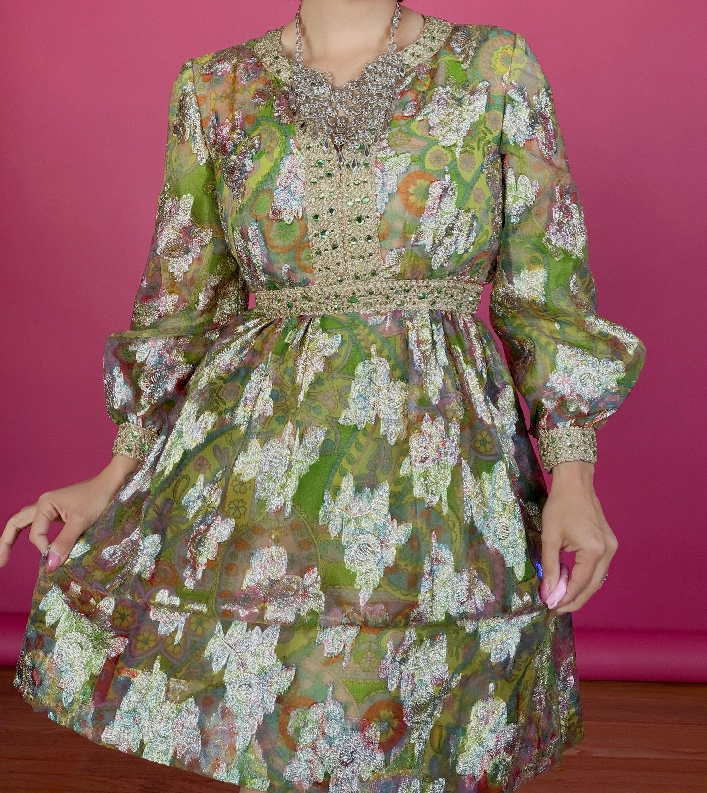 Vintage 60s Saks 5th Ave Chartreuse Rainbow & Gold Lame Cocktail Dress Fits XS-SM