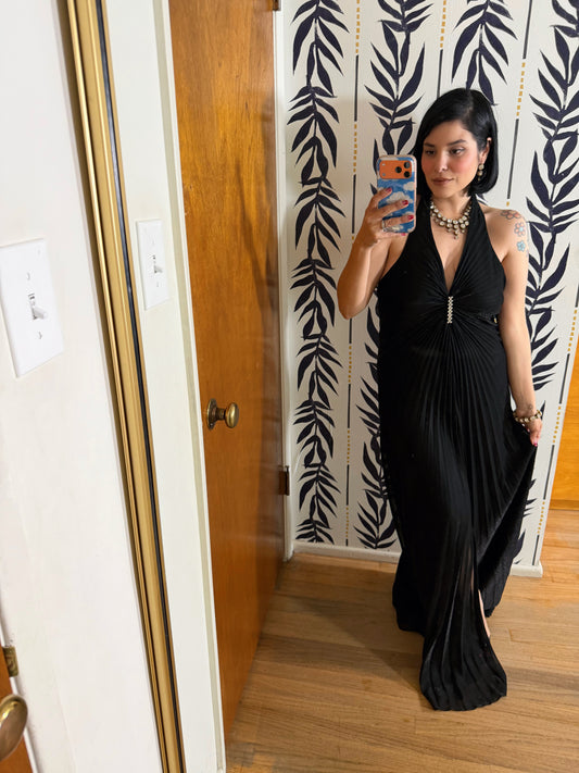 Late 70s / 80s Black Lurex Halter Gown (like William Travilla design) Fits S-L