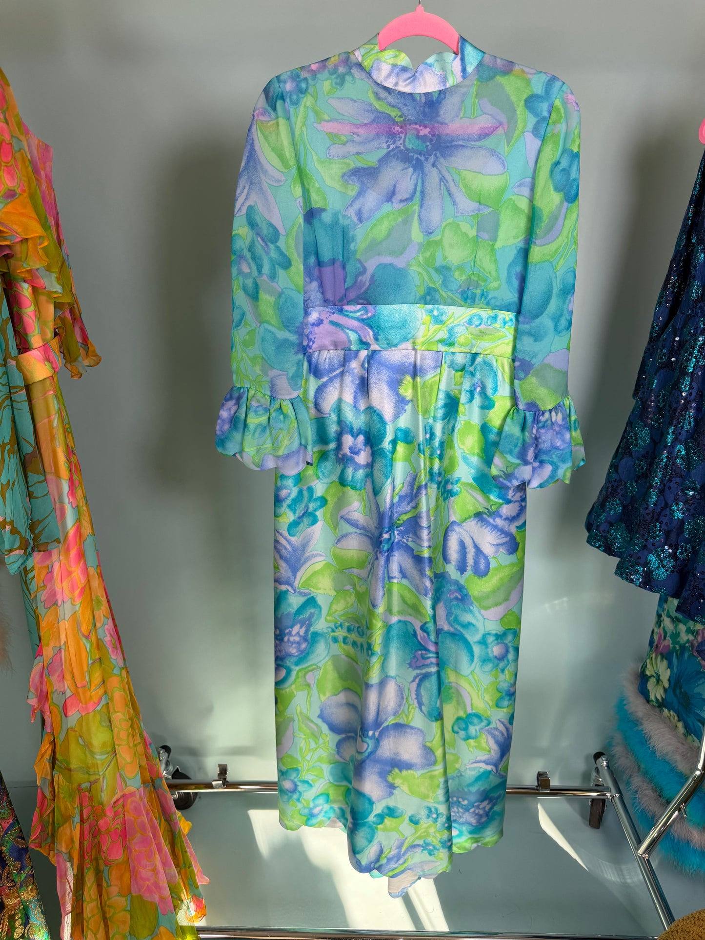 60s Tina Leser Original Floral Silk Chiffon Gown Fits XS-SM