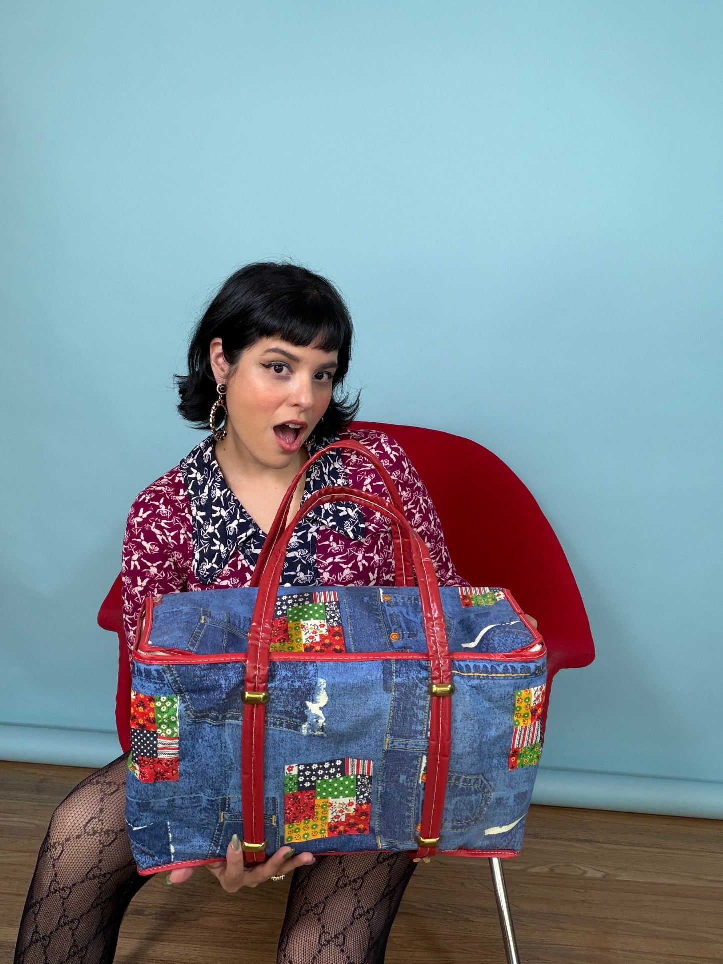 Vintage 1960s / 1970s  Novelty Denim Patchwork Weekender Bag