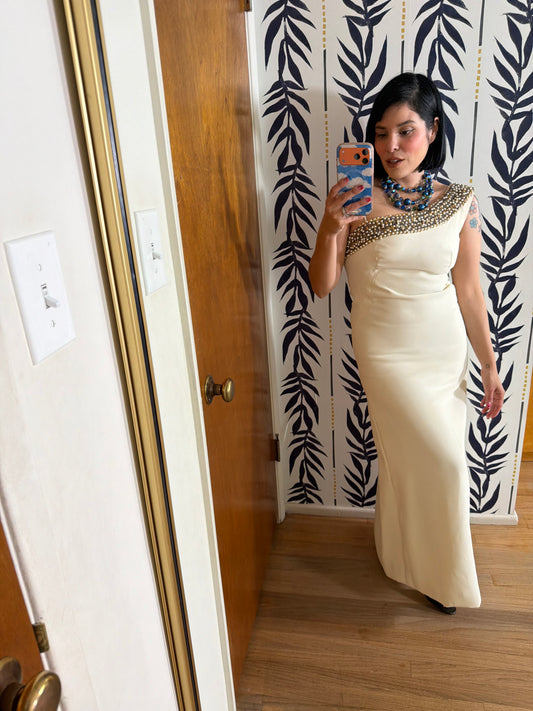 50s Vintage Emma Domb One Shoulder Embellished Pearl Beading Gown Fits XS-SM