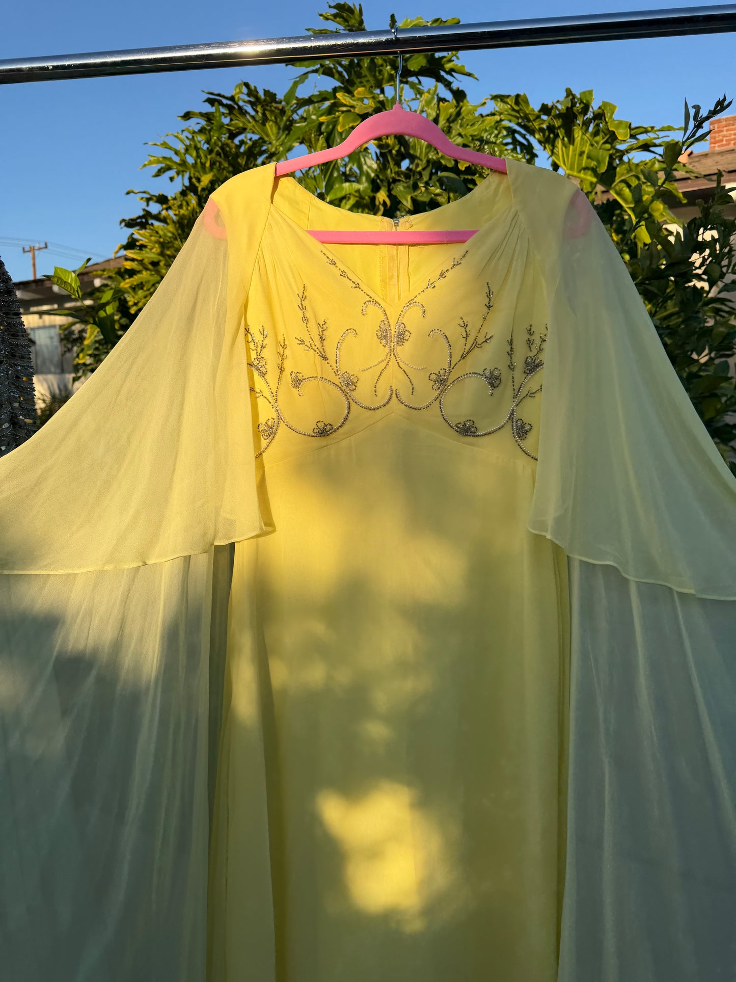 60s Vintage Ethereal Yellow Chiffon Cape Sleeve Gown Fits S-M