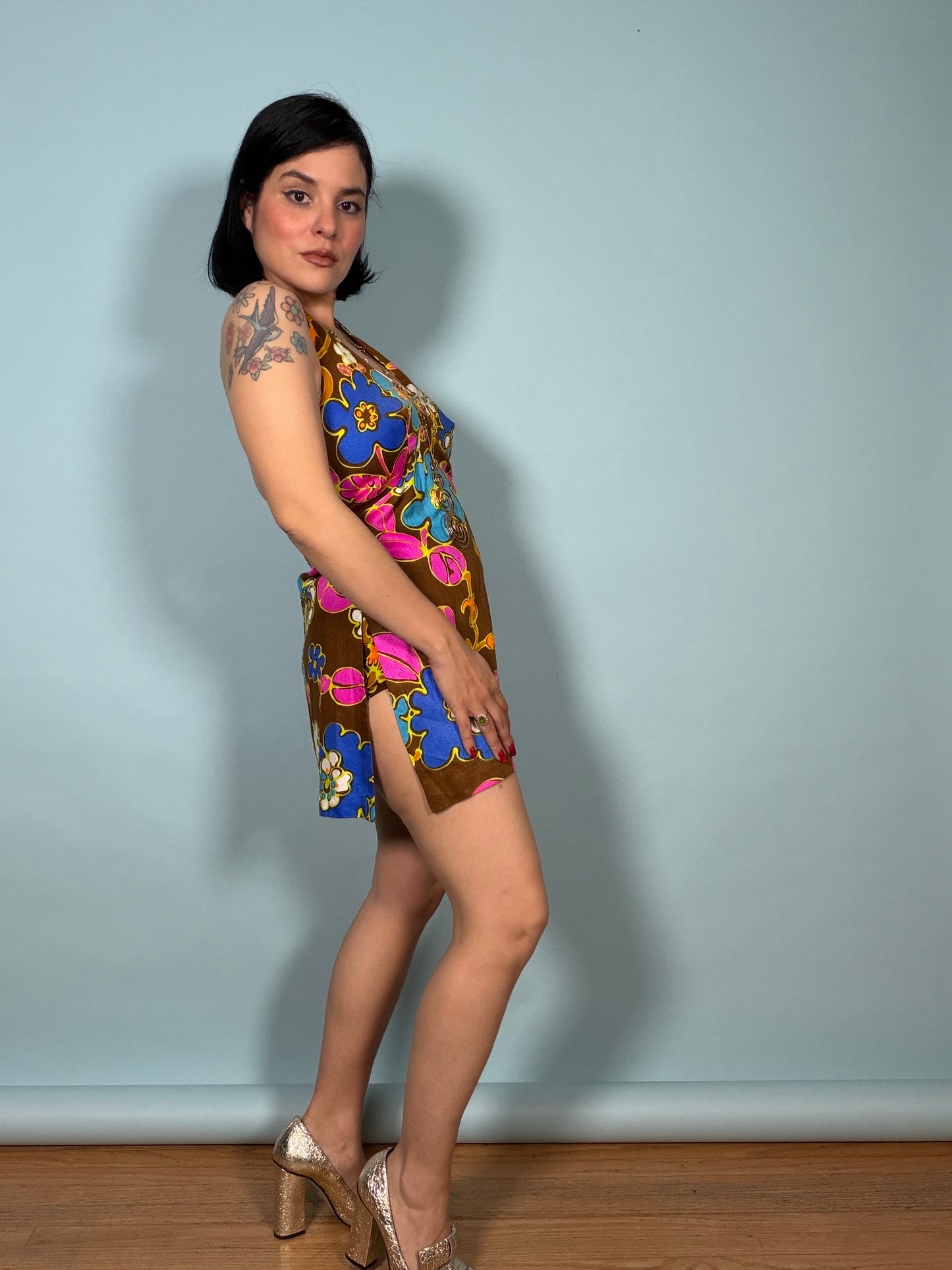 60/70s Chocolate Tropical Floral Poolside Set Fits XS-SM