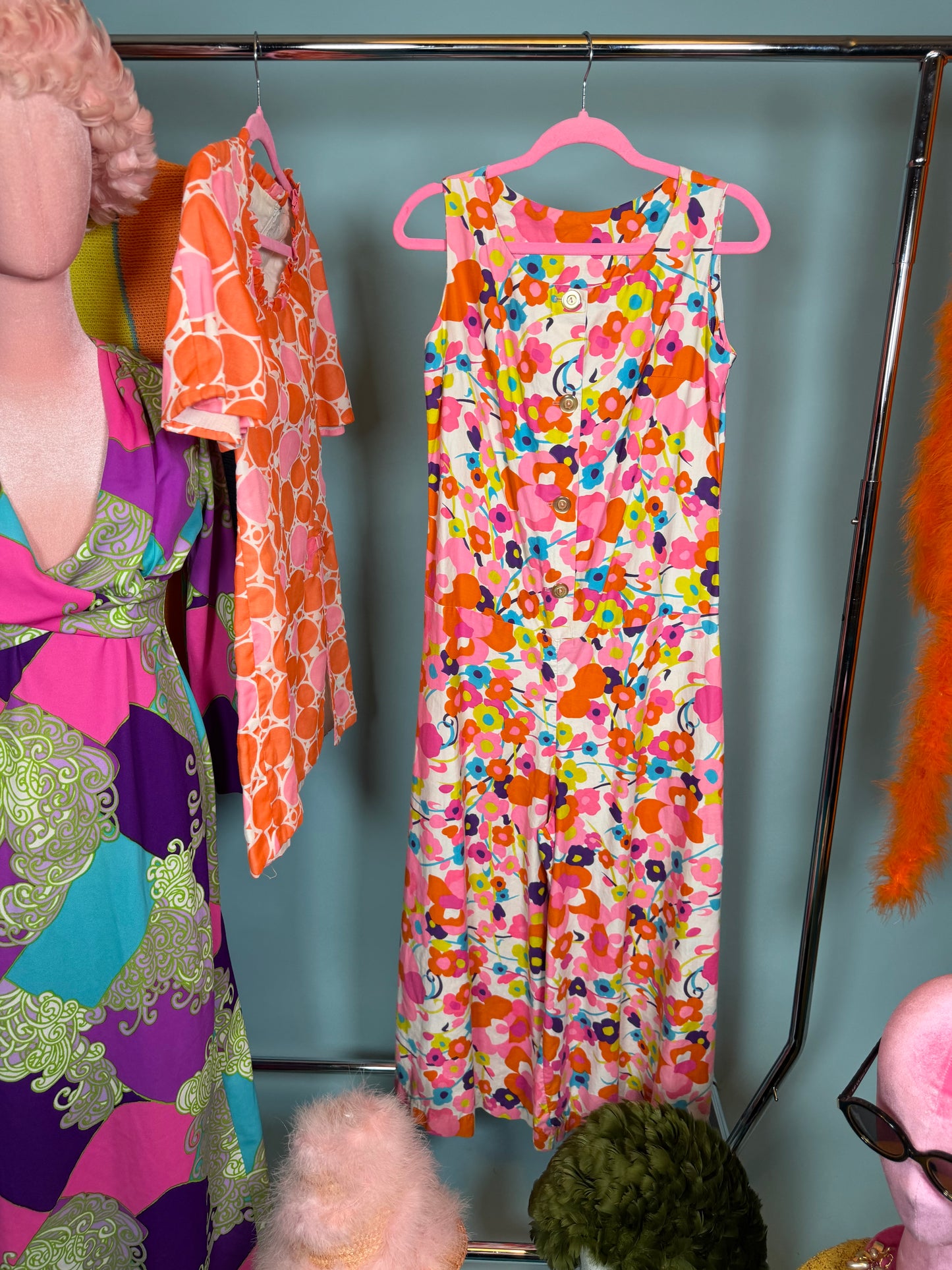 60s Carol Brent Floral Ultra Wide Leg Jumpsuit Fits XS-SM