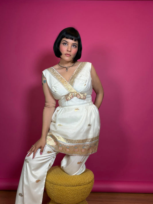 Vintage 60s White & Champagne Gold Silk Pant Set Fits XS-SM