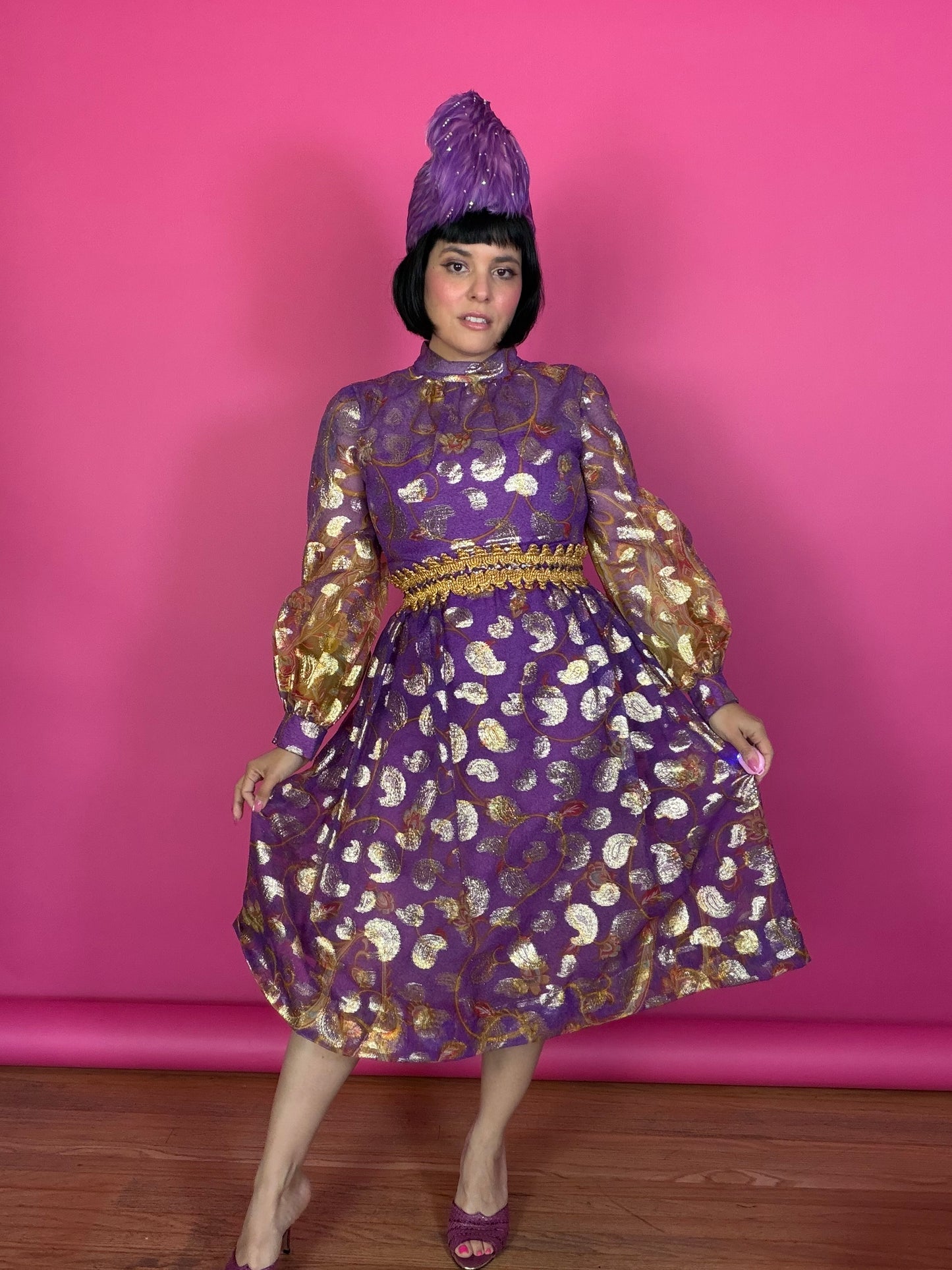 Vintage 60s Carrie Couture Purple & Gold Lame Cocktail Dress Fits XS-SM