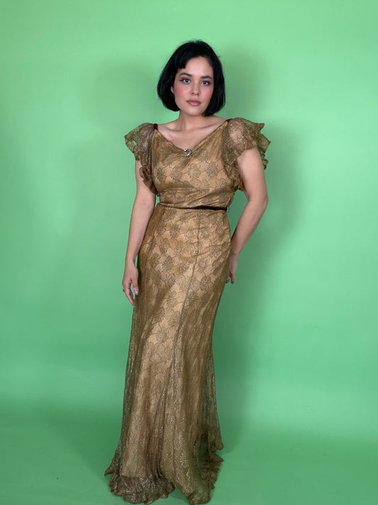 Vintage 30s Bronze Metallic Lace with Velvet Detail Gown Fits XS-SM & Possible size M