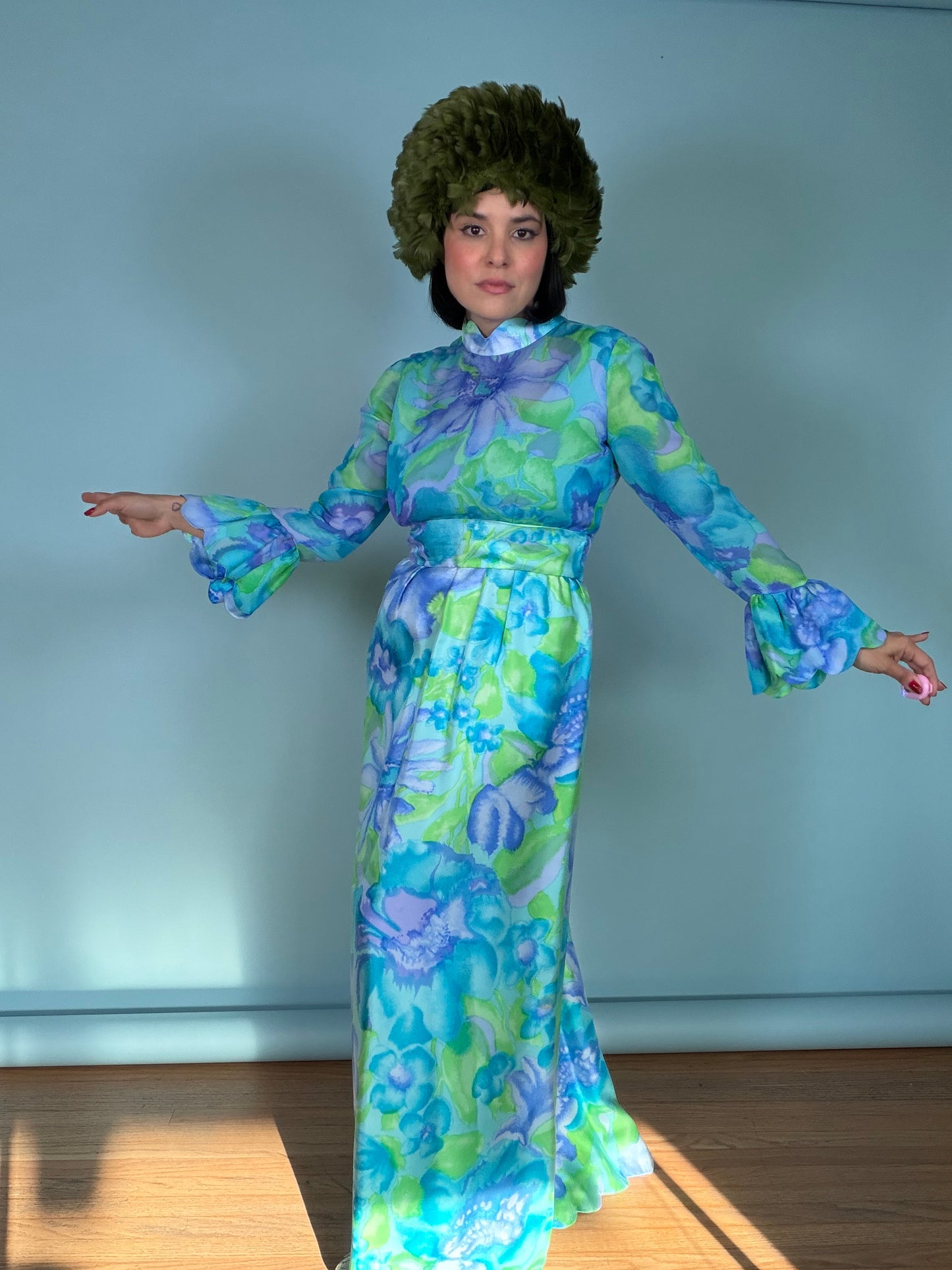 60s Tina Leser Original Floral Silk Chiffon Gown Fits XS-SM