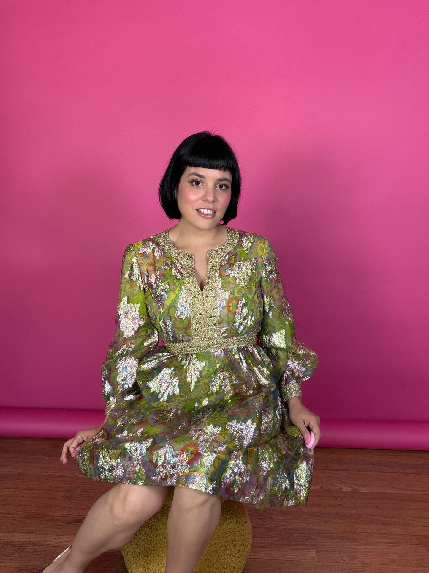 Vintage 60s Saks 5th Ave Chartreuse Rainbow & Gold Lame Cocktail Dress Fits XS-SM