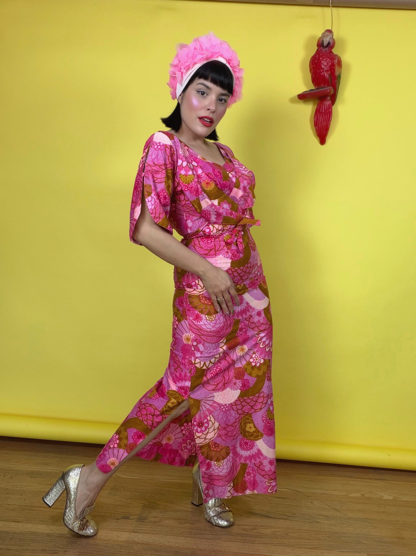 60s Paradise Hawaii Made in Honolulu Pink & Green Floral Maxi XS-SM