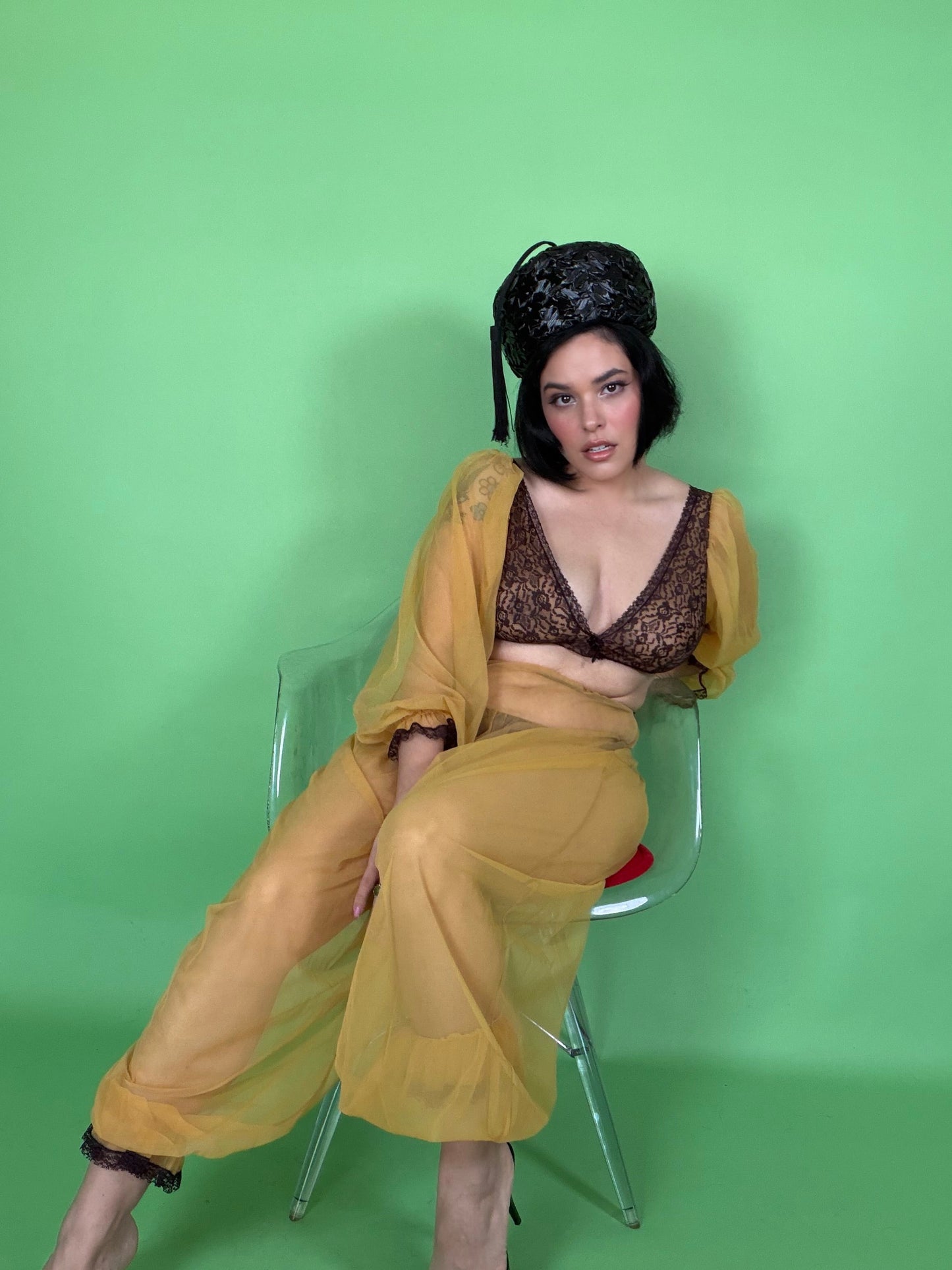 Vintage 60s Genie Mustard Sheer Chiffon Pant Set XS-M