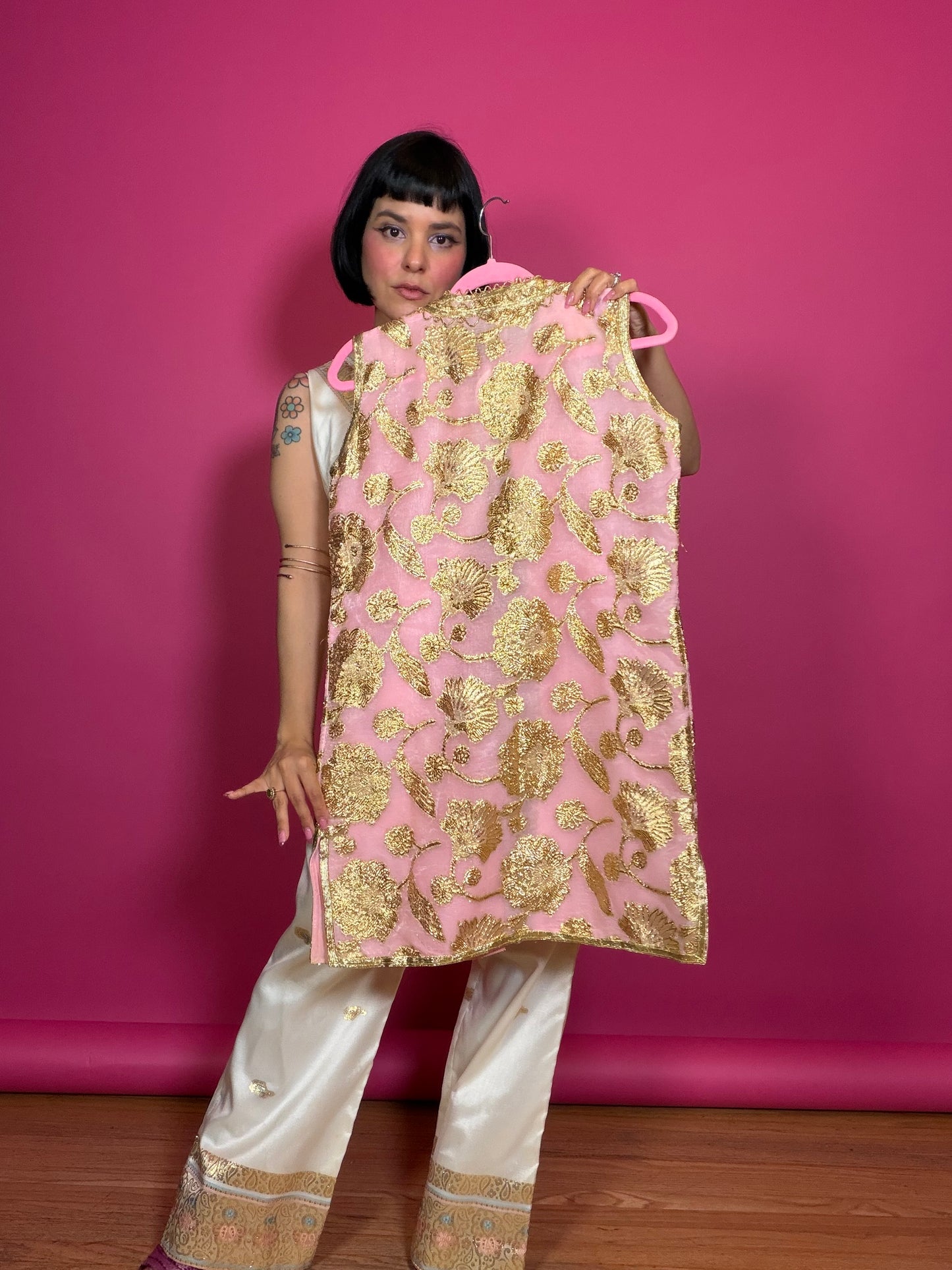 Vintage 60s Pink & Gold Tunic Vest Fits XS-M