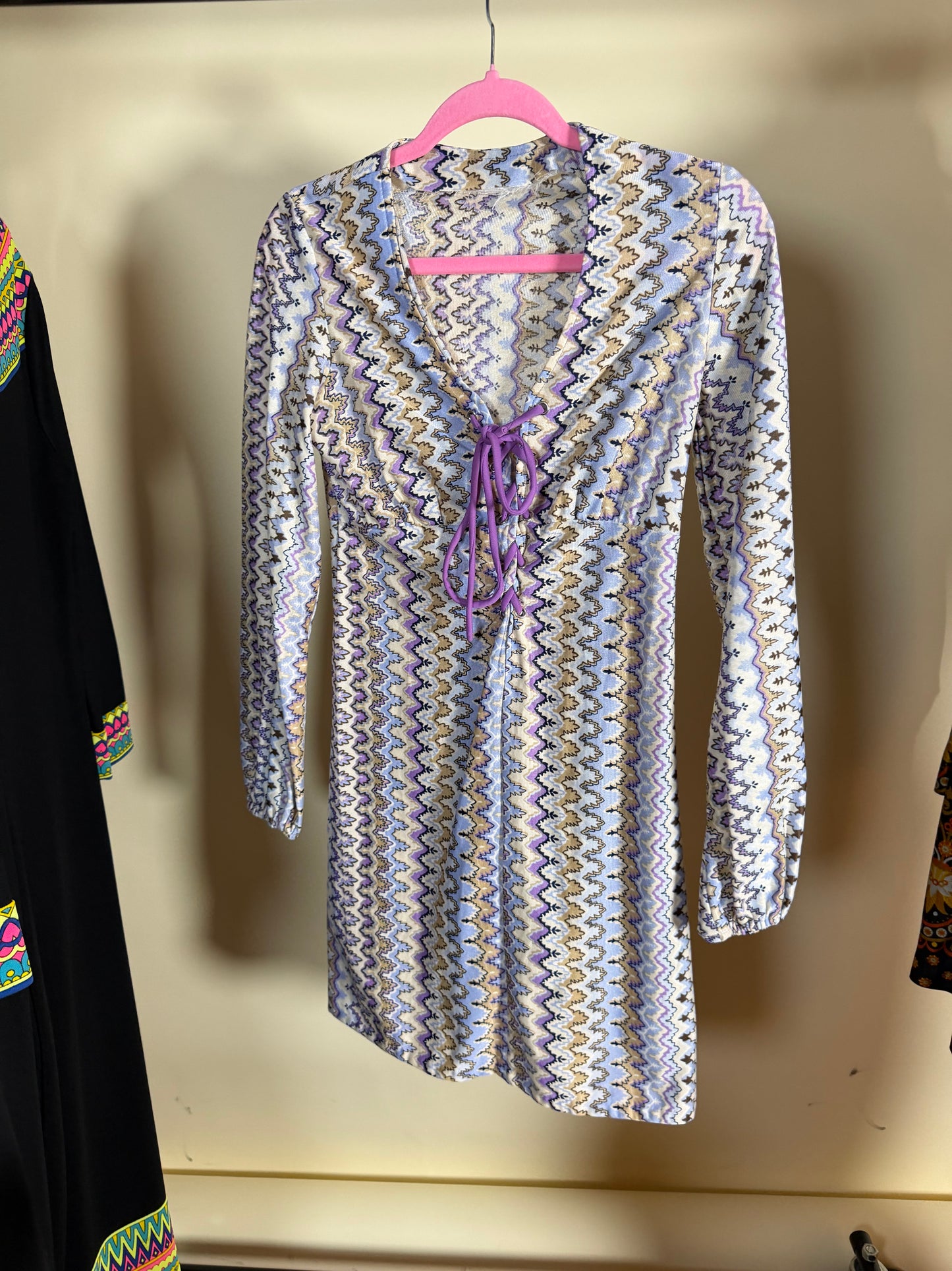 Vintage 60s “Missoni” Style Zig Zag Print Lace up Dress Fits XS-SM