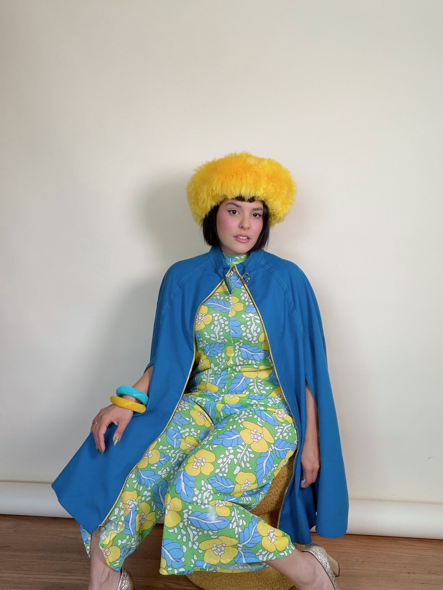 Vintage 60s Marine Blue Mod Poncho Gold Zip Cape by Jonathan Logan Fits all sizes