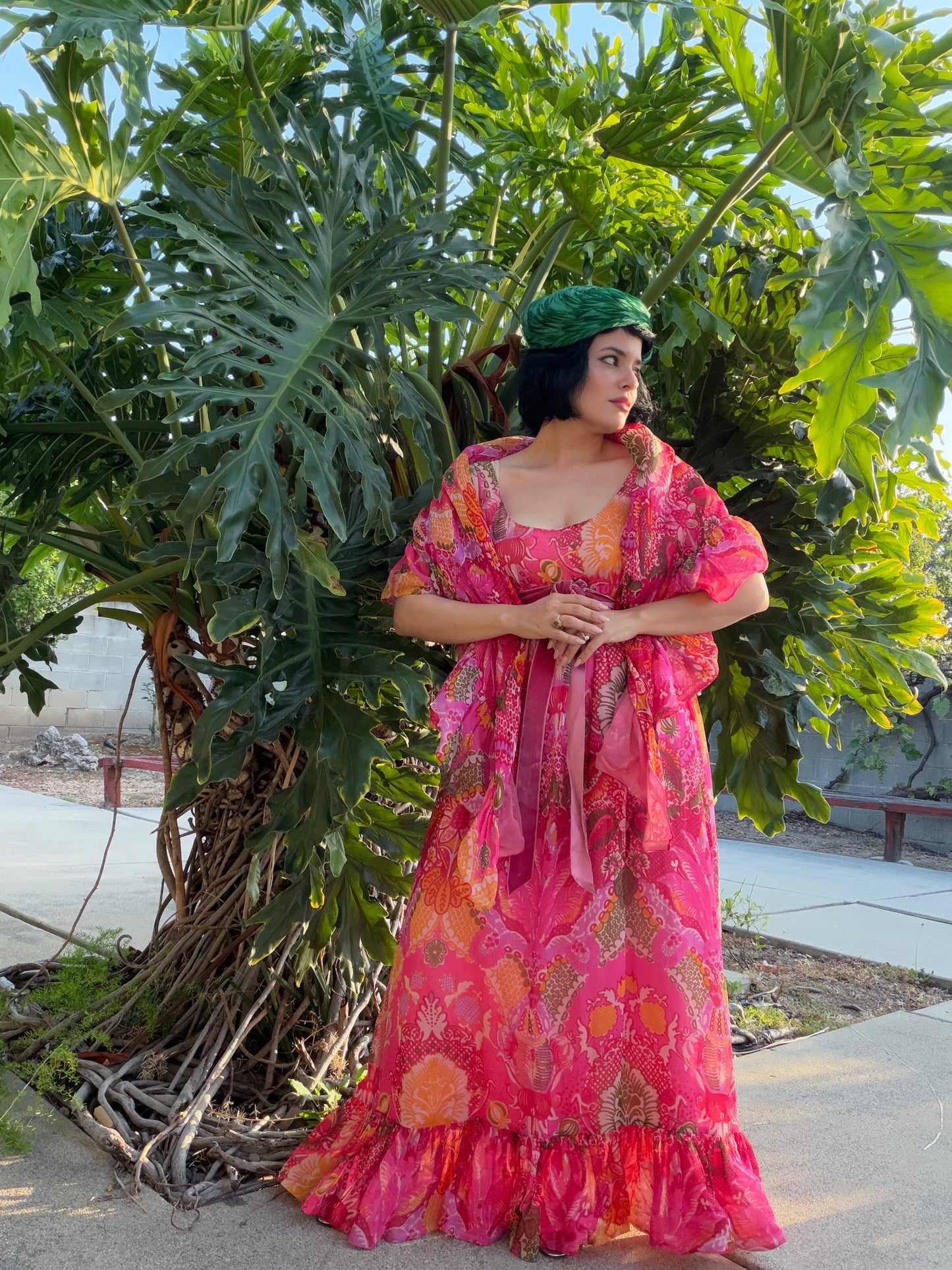 Vintage 60s Malcolm Starr Elinor Simmons Silk Chiffon Pink floral Psychedelic Maxi Gown & Shawl Fits XS-SM