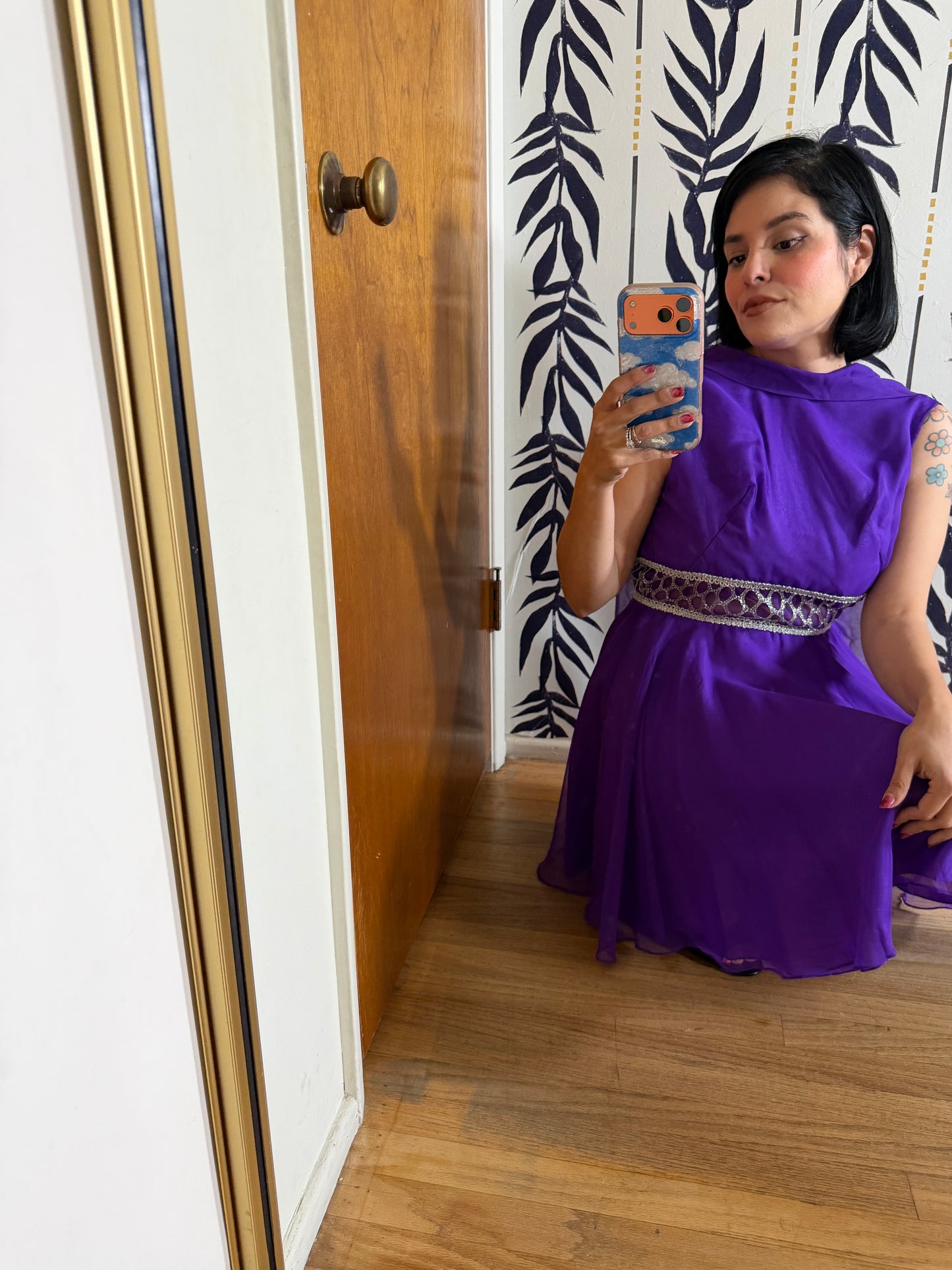 60s Mod Purple and Silver Space Age Chiffon Dress Fits XS-SM