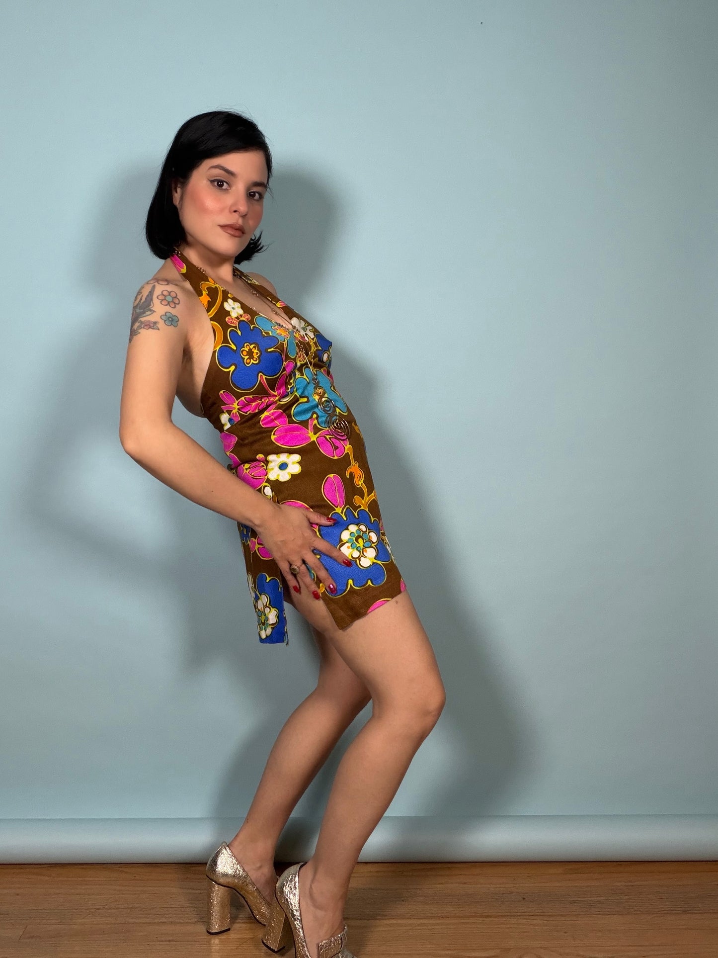 60/70s Chocolate Tropical Floral Poolside Set Fits XS-SM