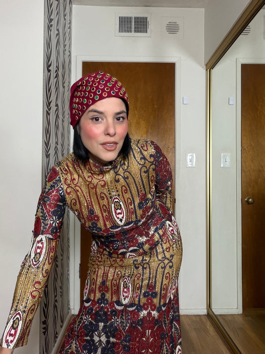 60s Vintage Maroon Rainbow Mirror Turban by Suzy Fits all sizes