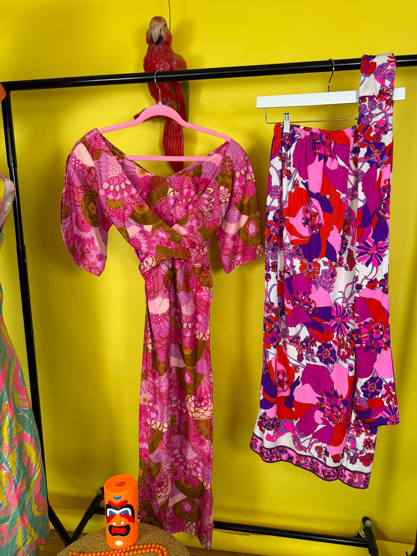 60s Paradise Hawaii Made in Honolulu Pink & Green Floral Maxi XS-SM