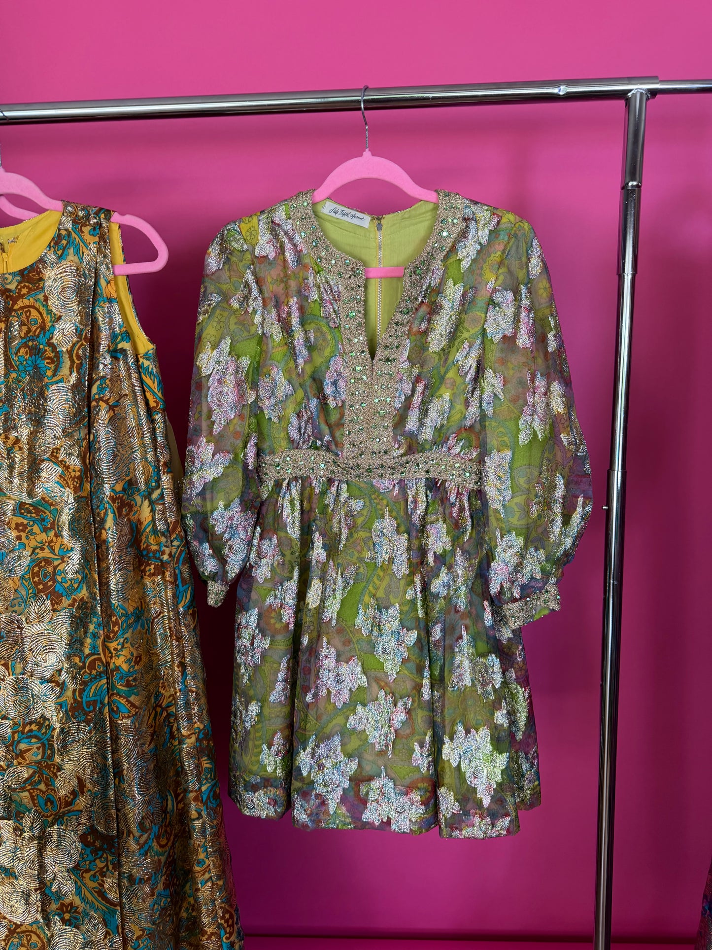 Vintage 60s Saks 5th Ave Chartreuse Rainbow & Gold Lame Cocktail Dress Fits XS-SM