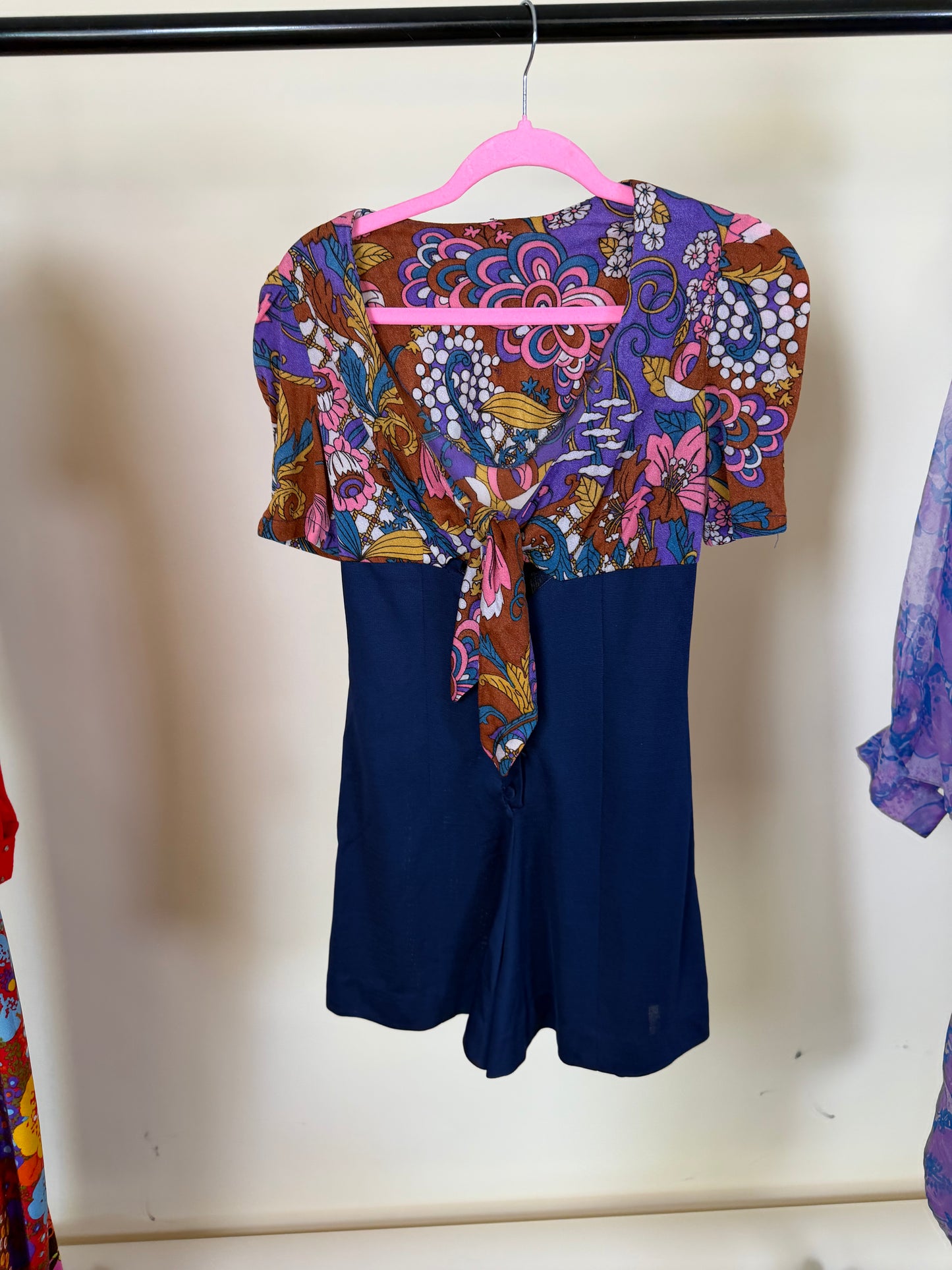 Vintage 60s Goldie Floral Psychedelic Tie-Front Romper with Keyhole Bust Fits XS-M