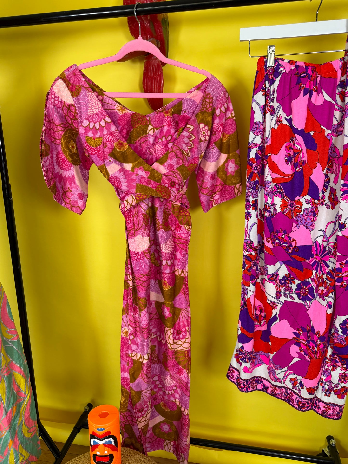 60s Paradise Hawaii Made in Honolulu Pink & Green Floral Maxi XS-SM