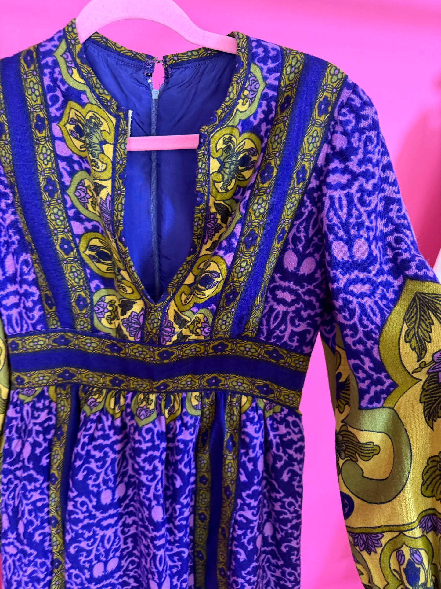 Vintage 60s RARE Malcolm Starr Purple & Chartreuse Maxi Dress XS-SM