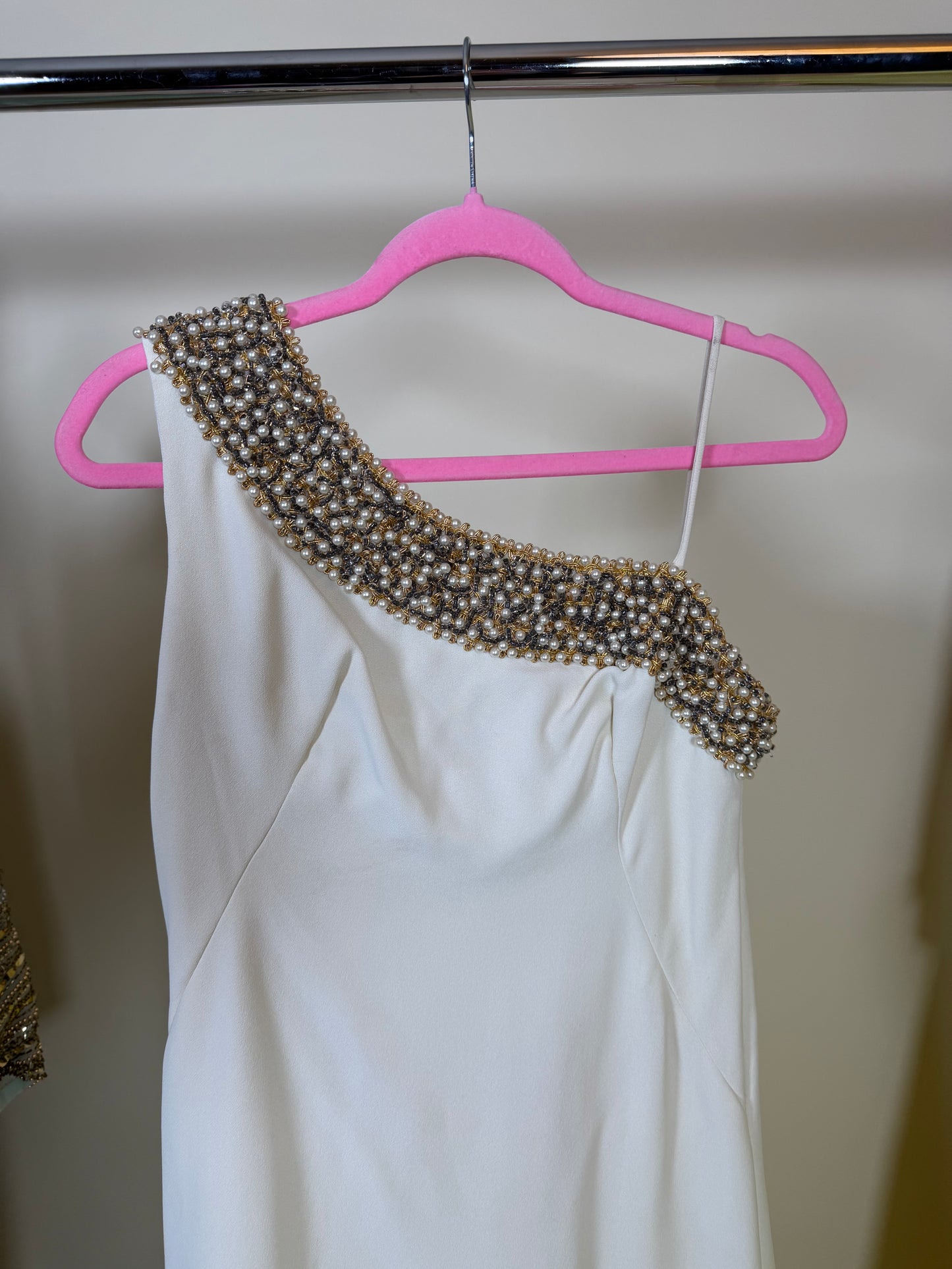 50s Vintage Emma Domb One Shoulder Embellished Pearl Beading Gown Fits XS-SM