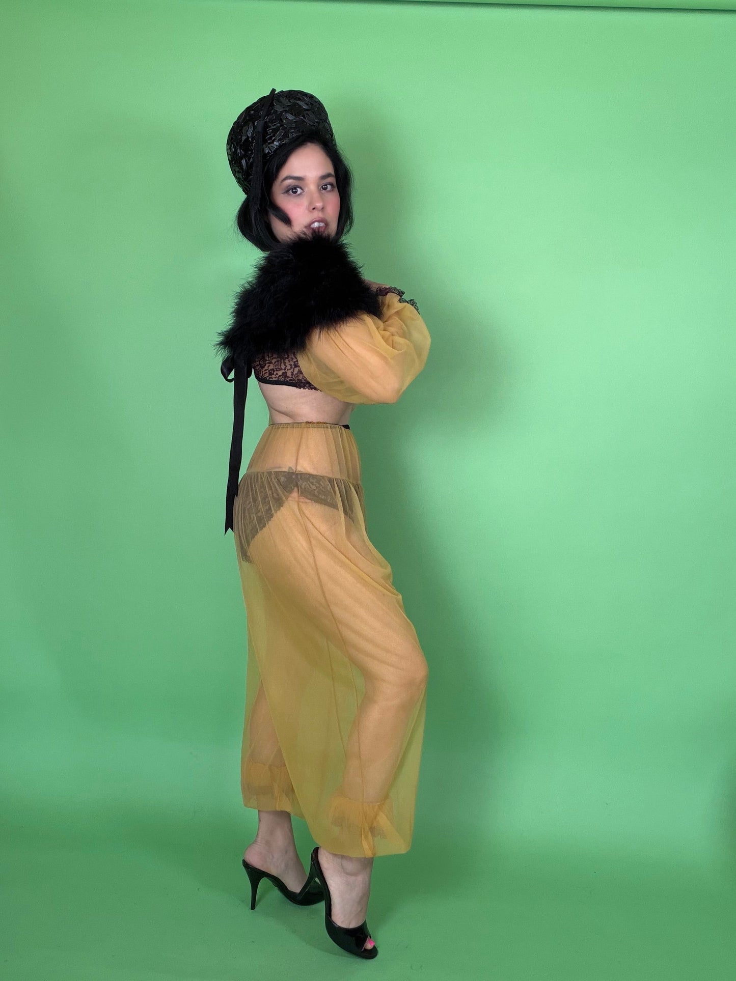Vintage 60s Genie Mustard Sheer Chiffon Pant Set XS-M