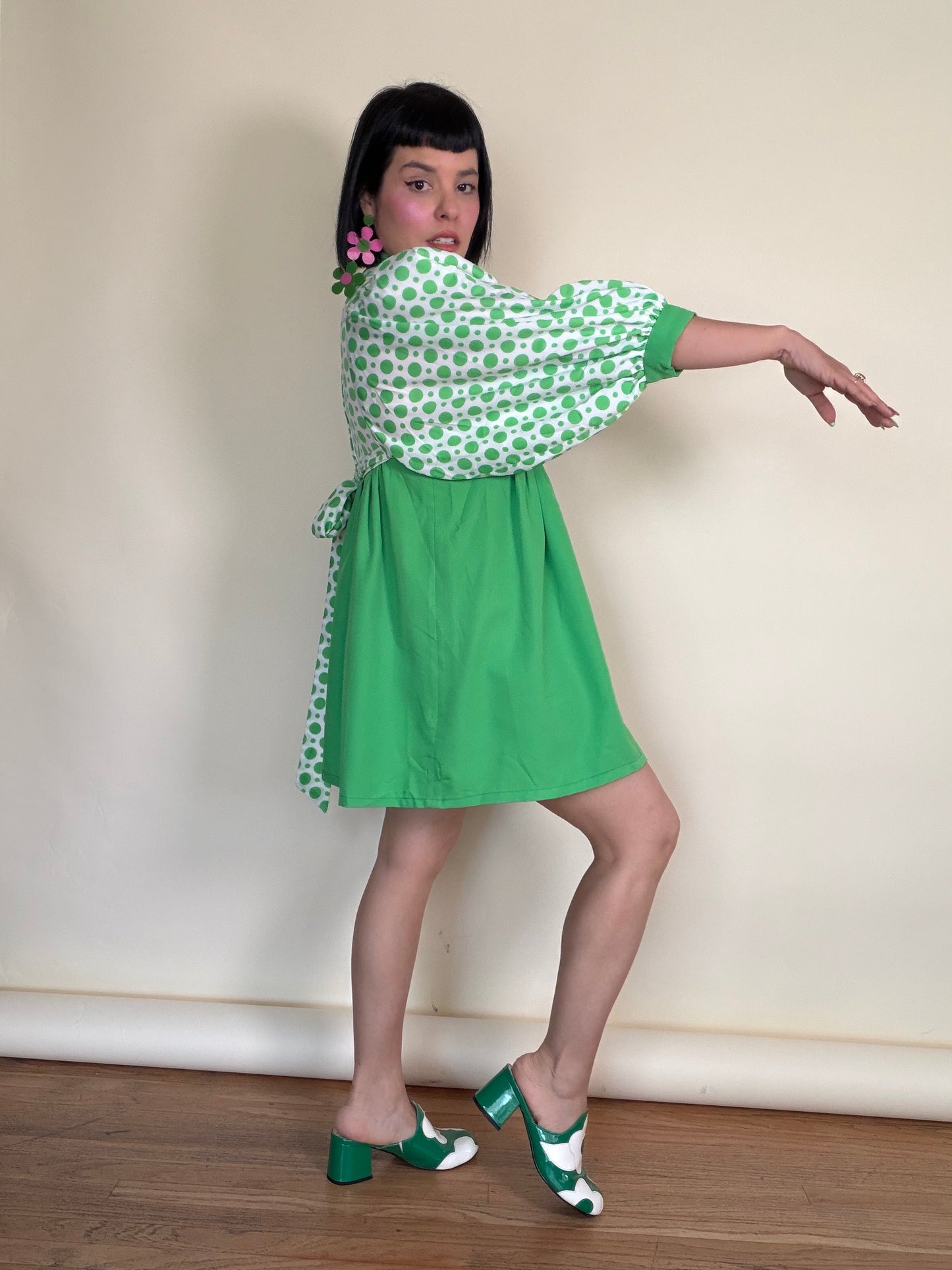 Vintage 60s Mod Balloon Sleeve Green Polkadot Babydoll Mini XS-M