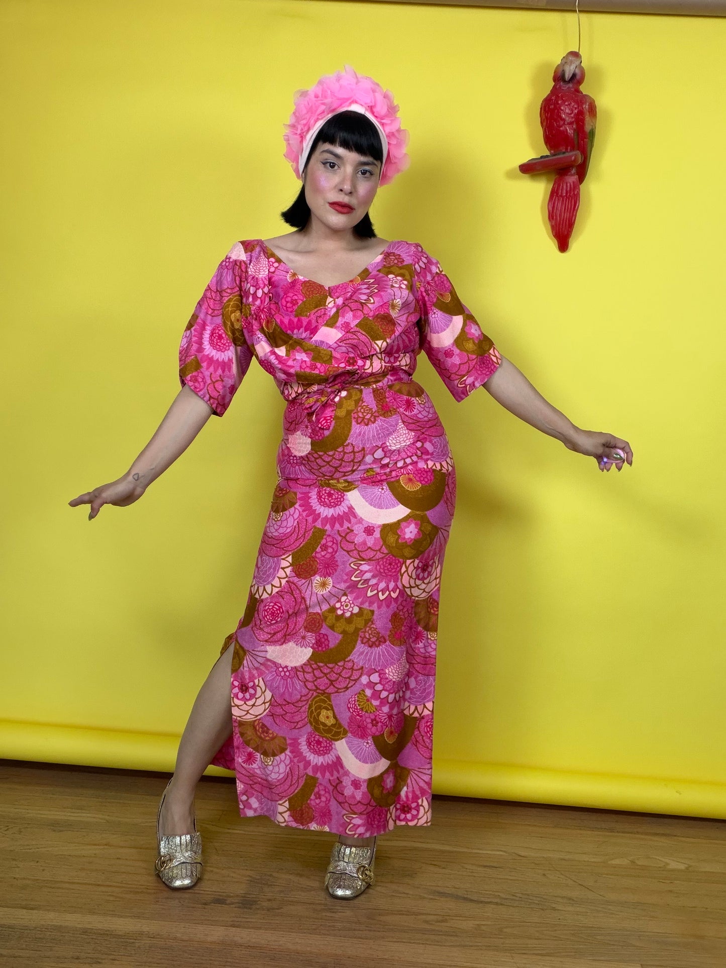 60s Paradise Hawaii Made in Honolulu Pink & Green Floral Maxi XS-SM