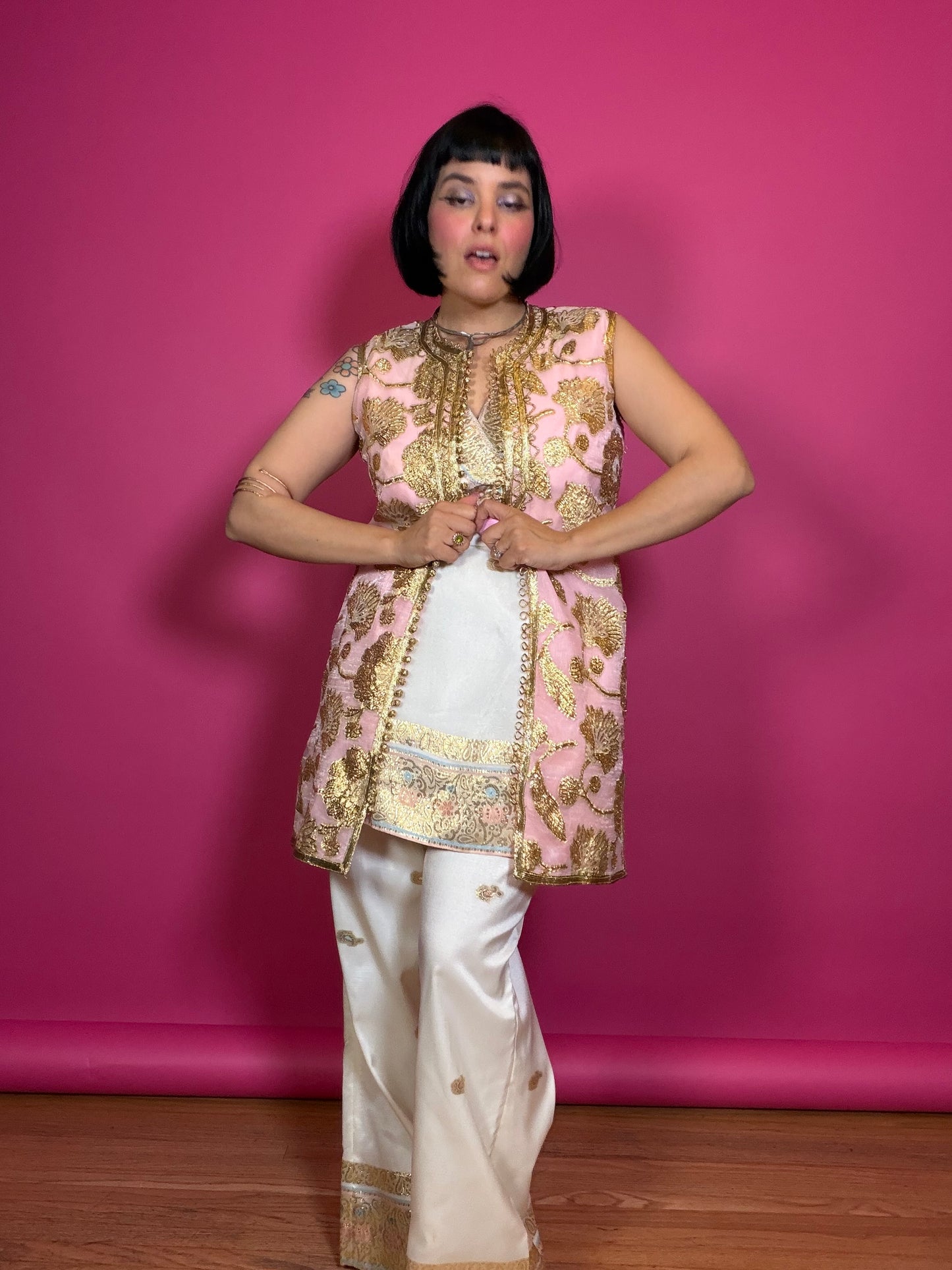 Vintage 60s Pink & Gold Tunic Vest Fits XS-M