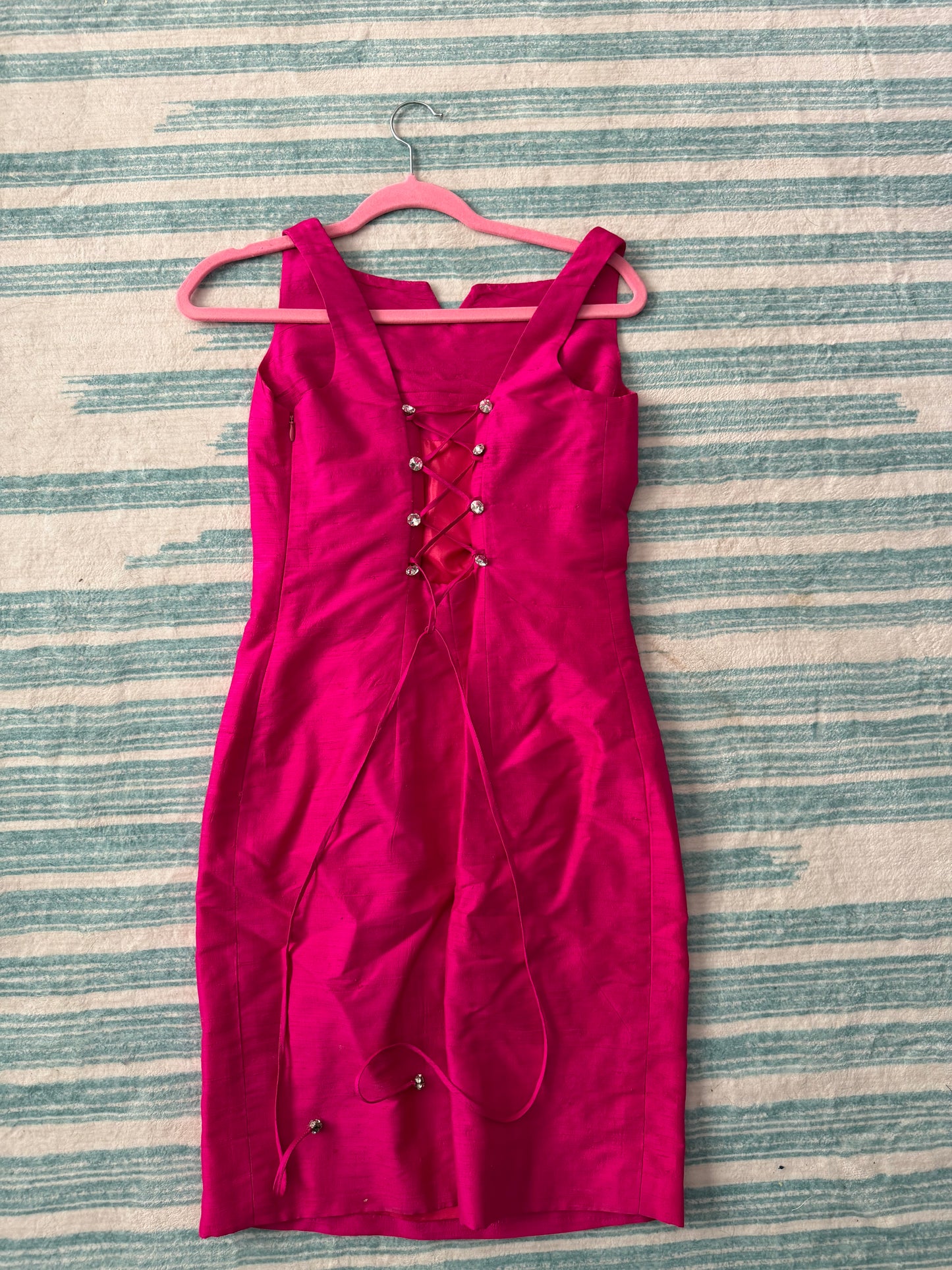 Vintage 90s Tadashi Raw Silk Hot Pink Cocktail Dress Fit’s XXS-XS