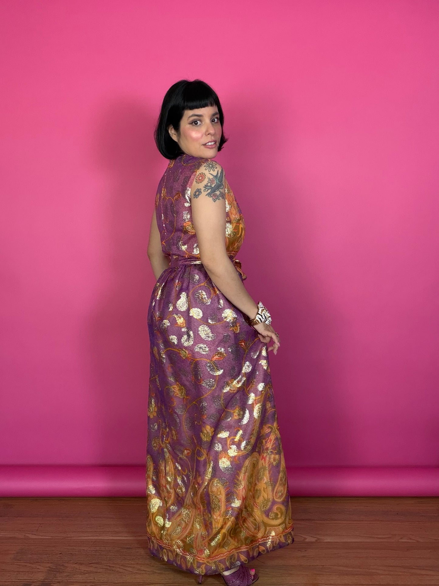 Vintage 60s Krist Sunset Ombre & Gold Paisley Gown Fits XS-SM & Possible size M