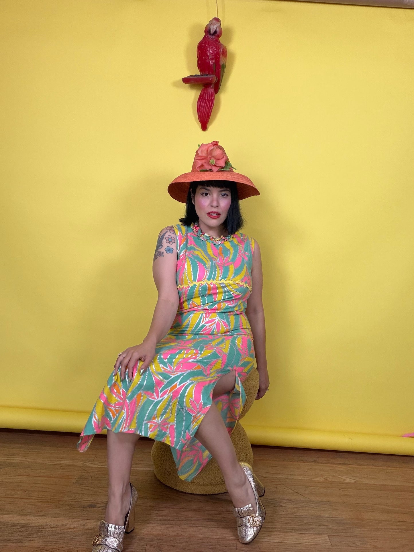 Vintage 60s Birds of Paradise DayGlo Metallic Maxi Dress Fits XS-SM