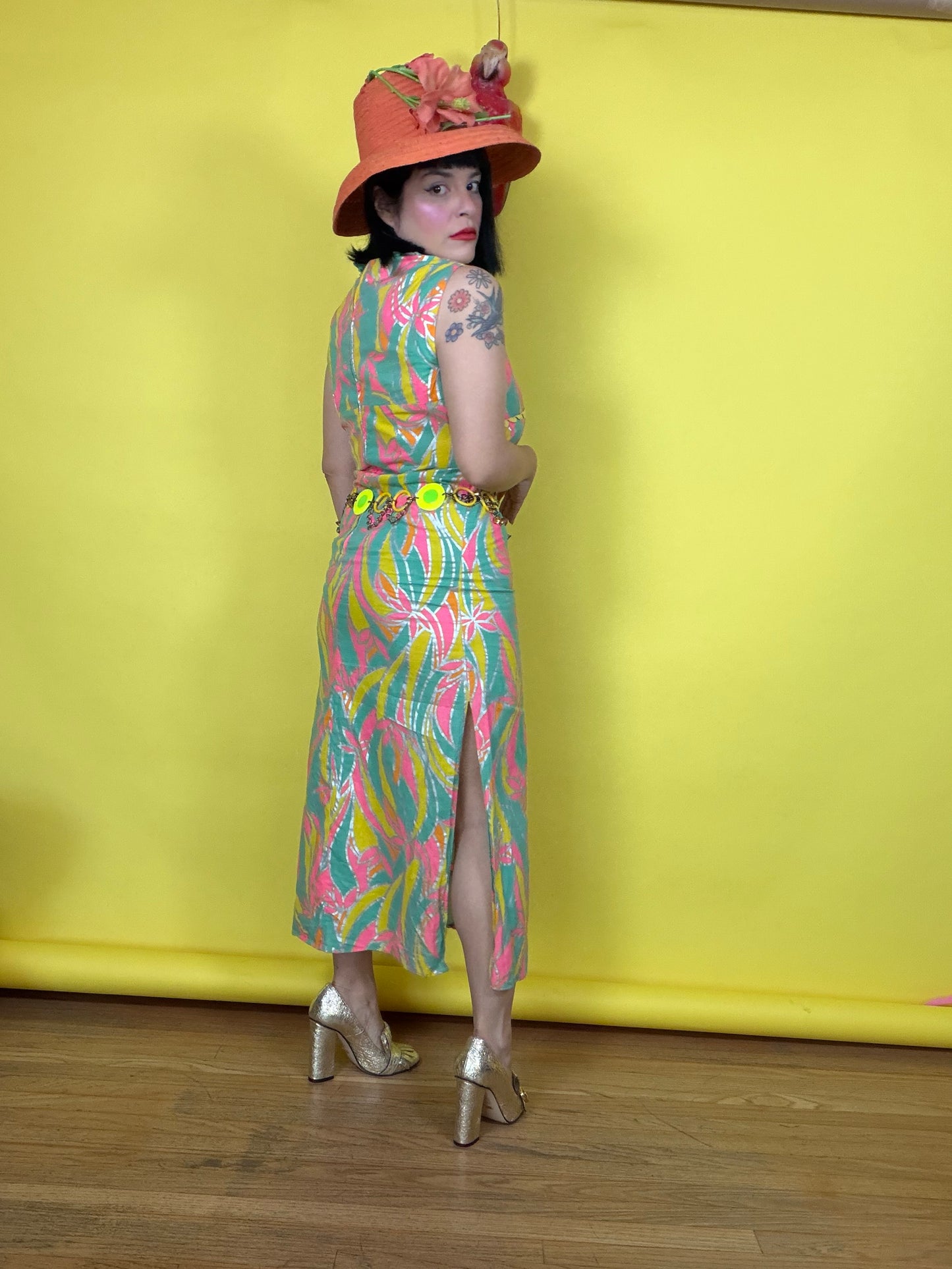 Vintage 60s Birds of Paradise DayGlo Metallic Maxi Dress Fits XS-SM