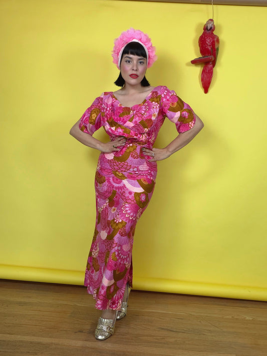 60s Paradise Hawaii Made in Honolulu Pink & Green Floral Maxi XS-SM