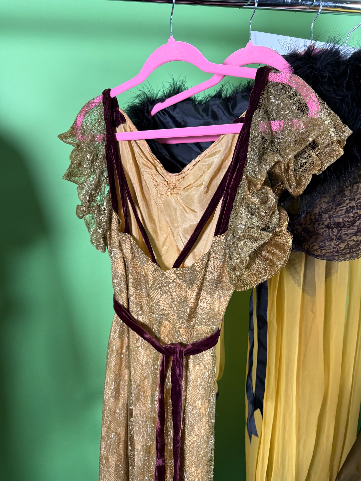 Vintage 30s Bronze Metallic Lace with Velvet Detail Gown Fits XS-SM & Possible size M