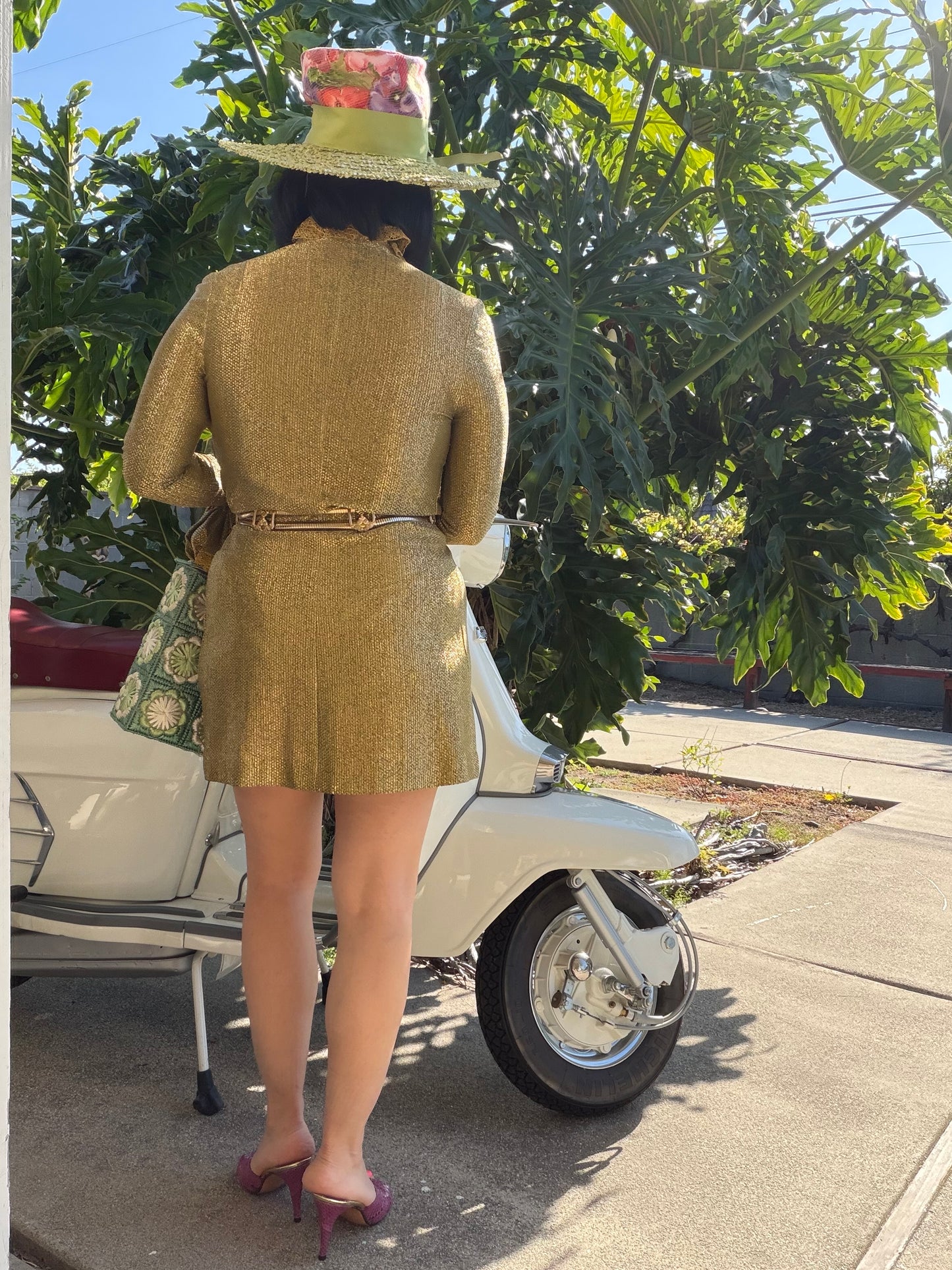 Vintage RARE 70s Betsey Johnson Paraphernalia Gold Metallic Bell Sleeve Mini Duster Dress XS-M
