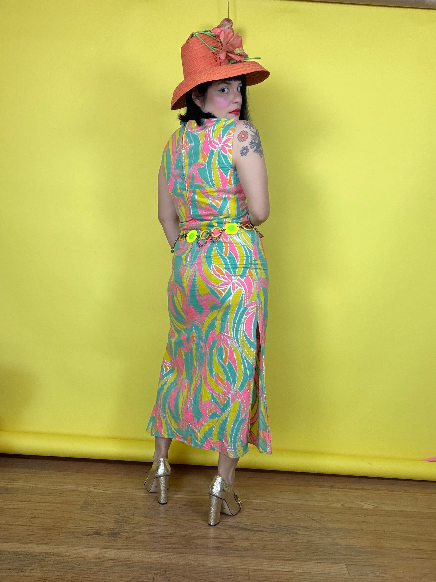 Vintage 60s Birds of Paradise DayGlo Metallic Maxi Dress Fits XS-SM