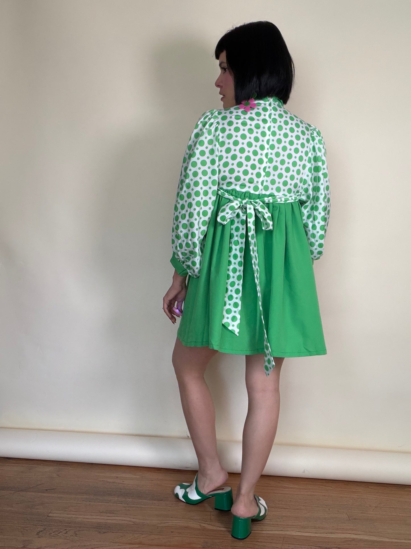 Vintage 60s Mod Balloon Sleeve Green Polkadot Babydoll Mini XS-M