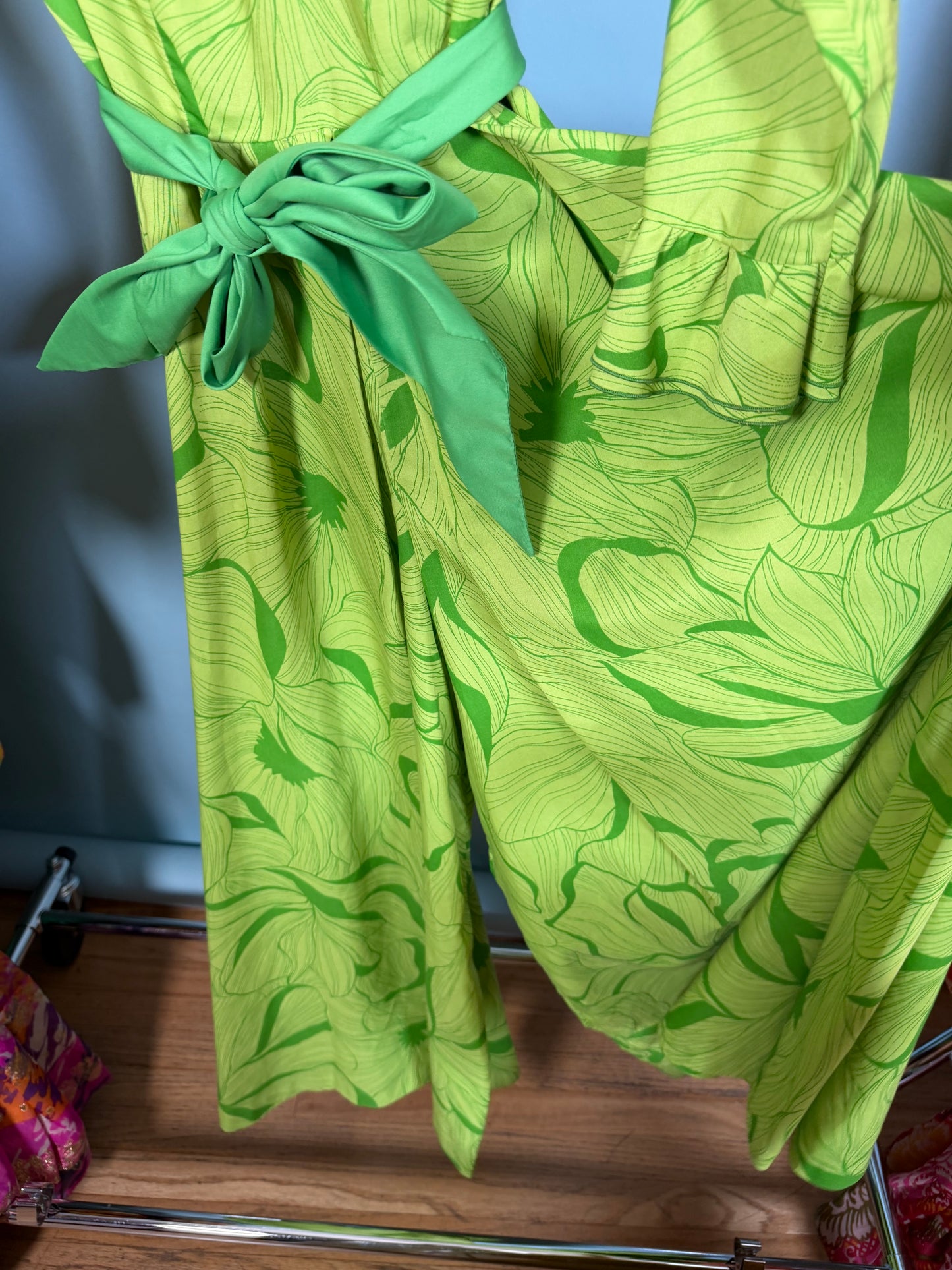 Vintage 60s McKells of Dallas Palm Leaves Cotton Material Extreme Palazzo Jumpsuit Fits XS-M